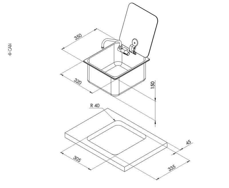 CAN Lavello quadrato in acciaio inox con coperchio in vetro
