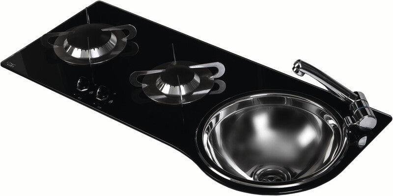 CAN PV1364 - Unità combinata fornello-lavello, 2 fuochi gas superficie vetro di sicurezza nero.